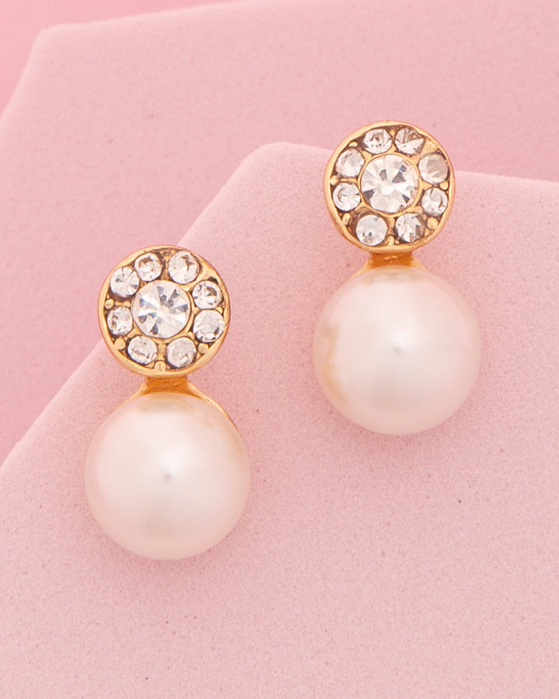 Mackenzie Crystal Halo Pearl Post Drop Earrings | Gold
