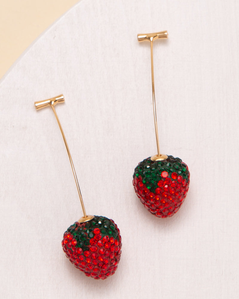 Addison Bar Chain Threader Earrings with 3D Rhinestone Strawberry