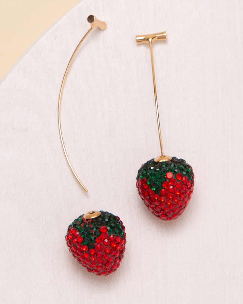 Addison Bar Chain Threader Earrings with 3D Rhinestone Strawberry