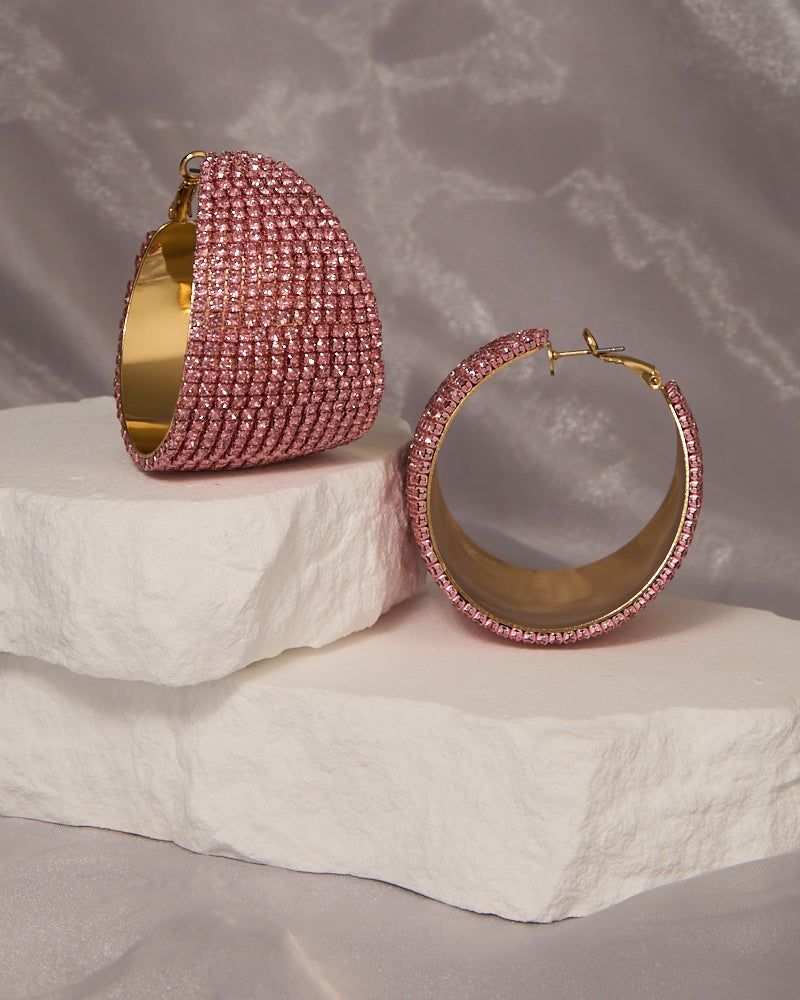 Mila Luxurious Rhinestone Pave Chunky Huggie Hoop Earrings | Pink