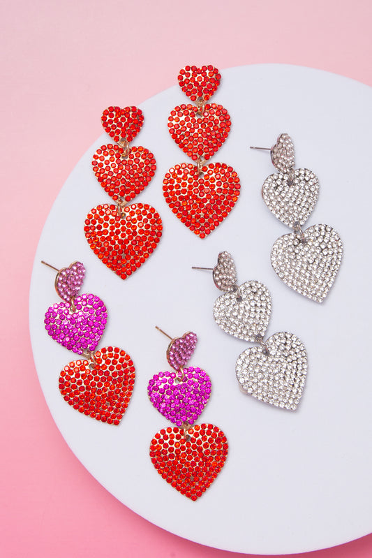 Jane Triple Heart Rhinestone Pavé Post Dangle Earrings