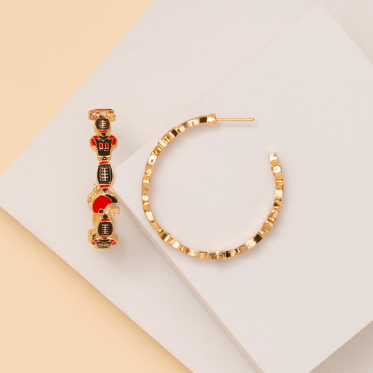 Leah Game Day Enamel Football Open Hoop Earrings | Black & Red