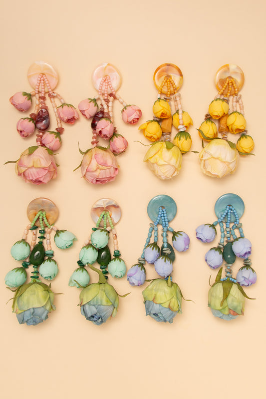Lillian Rose Bud Fabric Flower Bead Strand Post Dangle Earrings