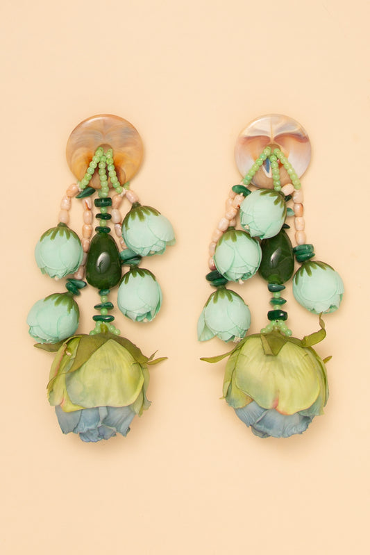 Lillian Rose Bud Fabric Flower Bead Strand Post Dangle Earrings | Mint