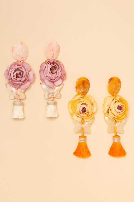 Adeline Fabric Flower Tassel Drop Earrings