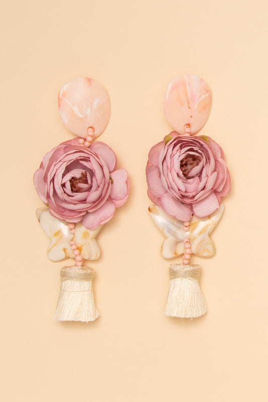 Adeline Fabric Flower Tassel Drop Earrings | Pink