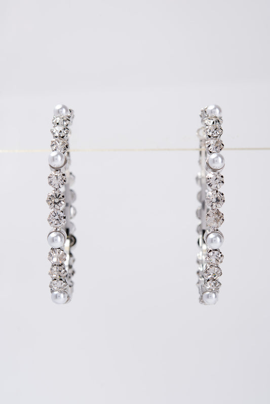Sienna 60MM Pearl Rhinestone Hoop Earrings | Silver