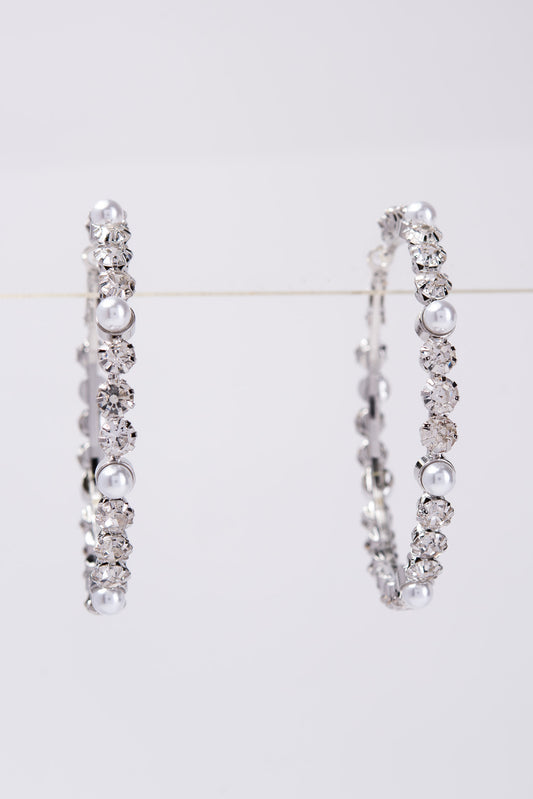 Sienna 60MM Pearl Rhinestone Hoop Earrings | Silver