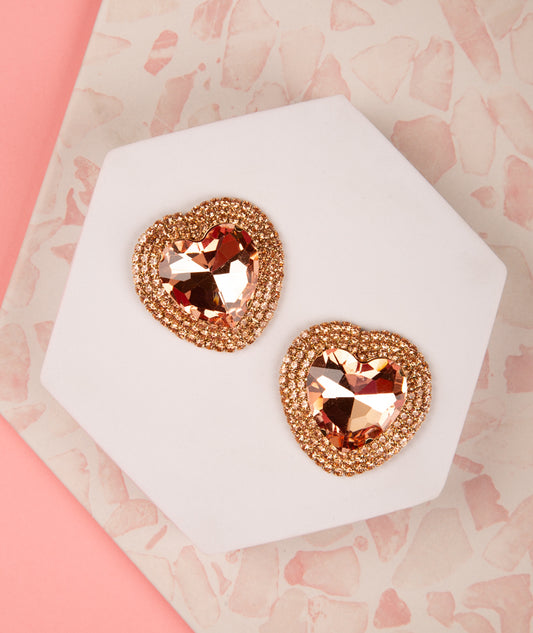 Melina Heart Shaped crystal Rhinestone Halo Stud Earrings | Rose gold