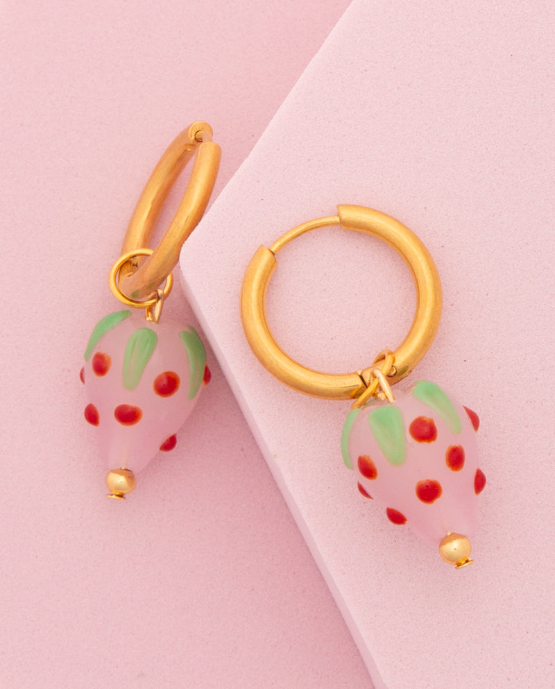 Sydney Colorful Enamel Strawberry Charm Huggie Hoop Earrings | Pink
