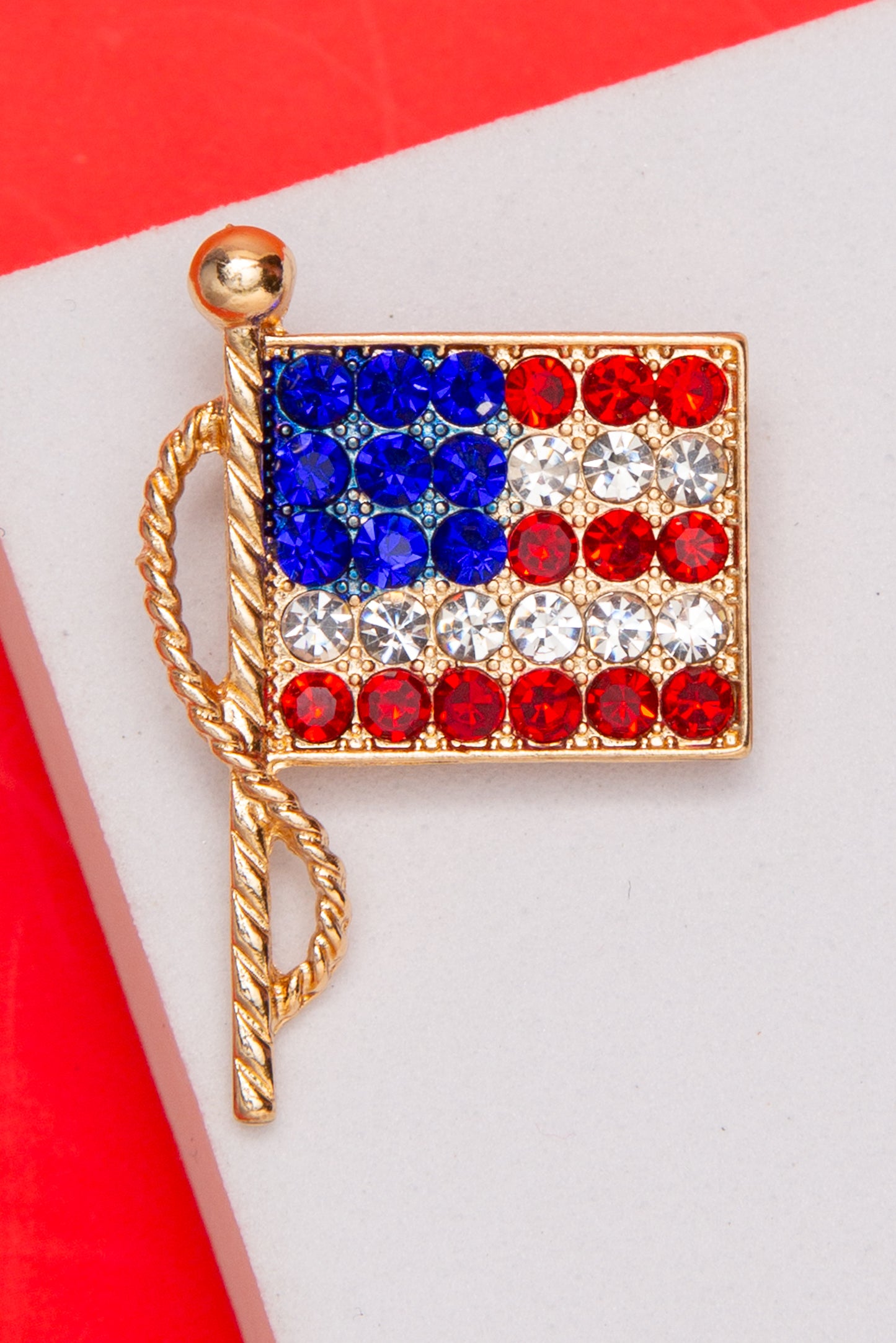 Evelyn American Flag Brooch Pin Embellished with Crystals | Gold