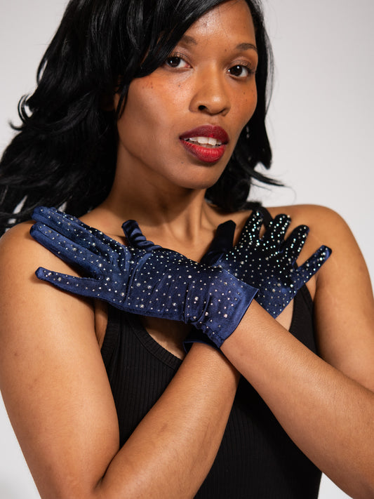 Regan 24" Bridal Satin Rhinestone Gloves | Navy