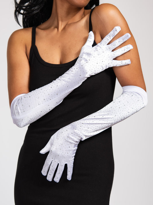 Maya 48" Rhinestone Bridal Satin Gloves | White