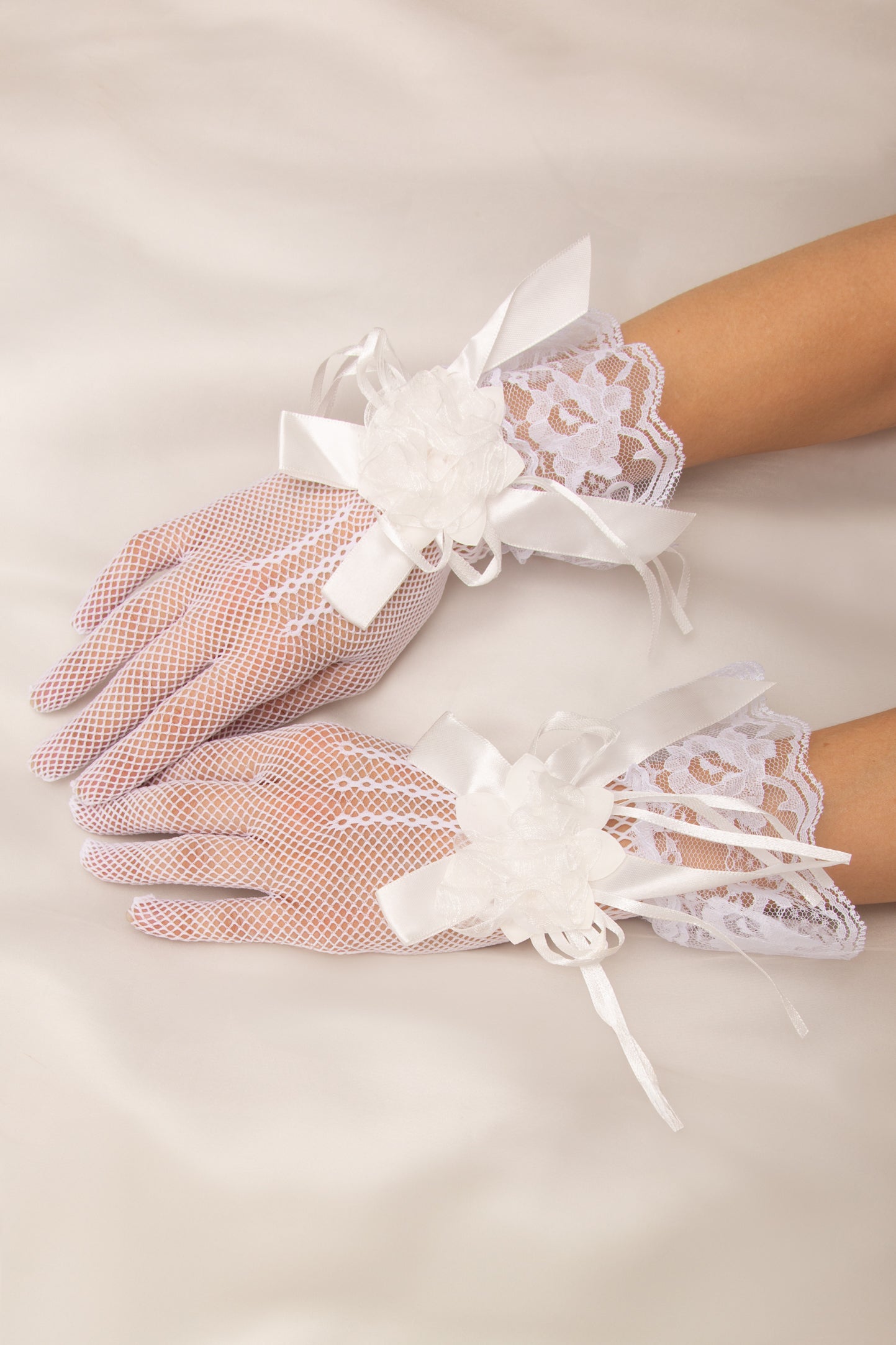 Eliza Fishnet Wrist-Length Gloves with Organza Rosette