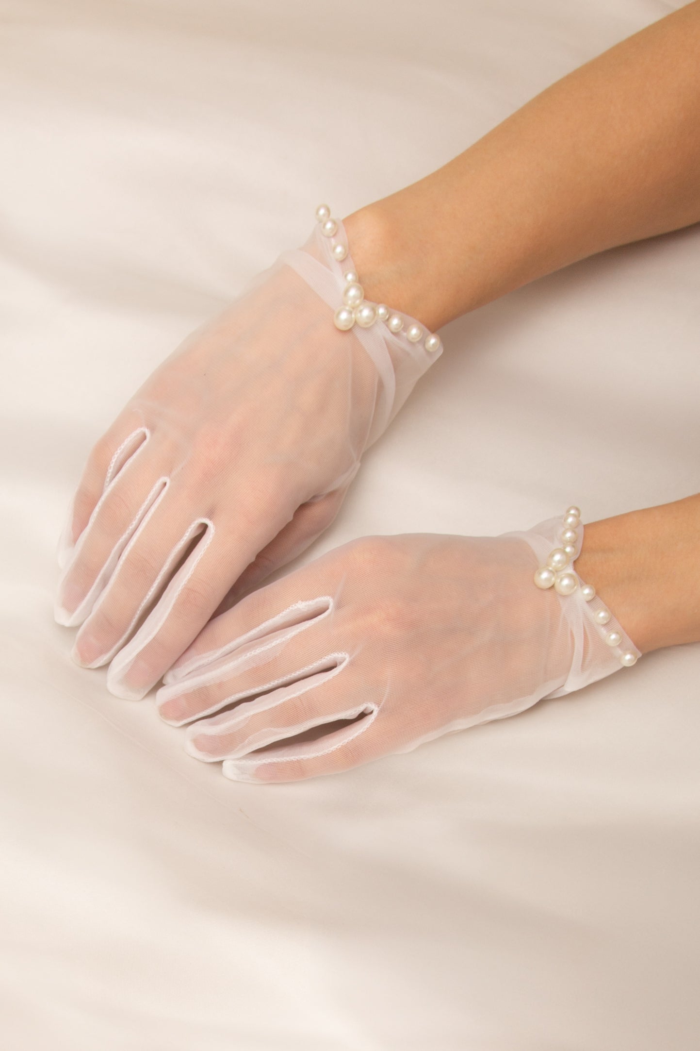 Shelly Sheer Mesh Wrist-Length Gloves with Pearl Trim