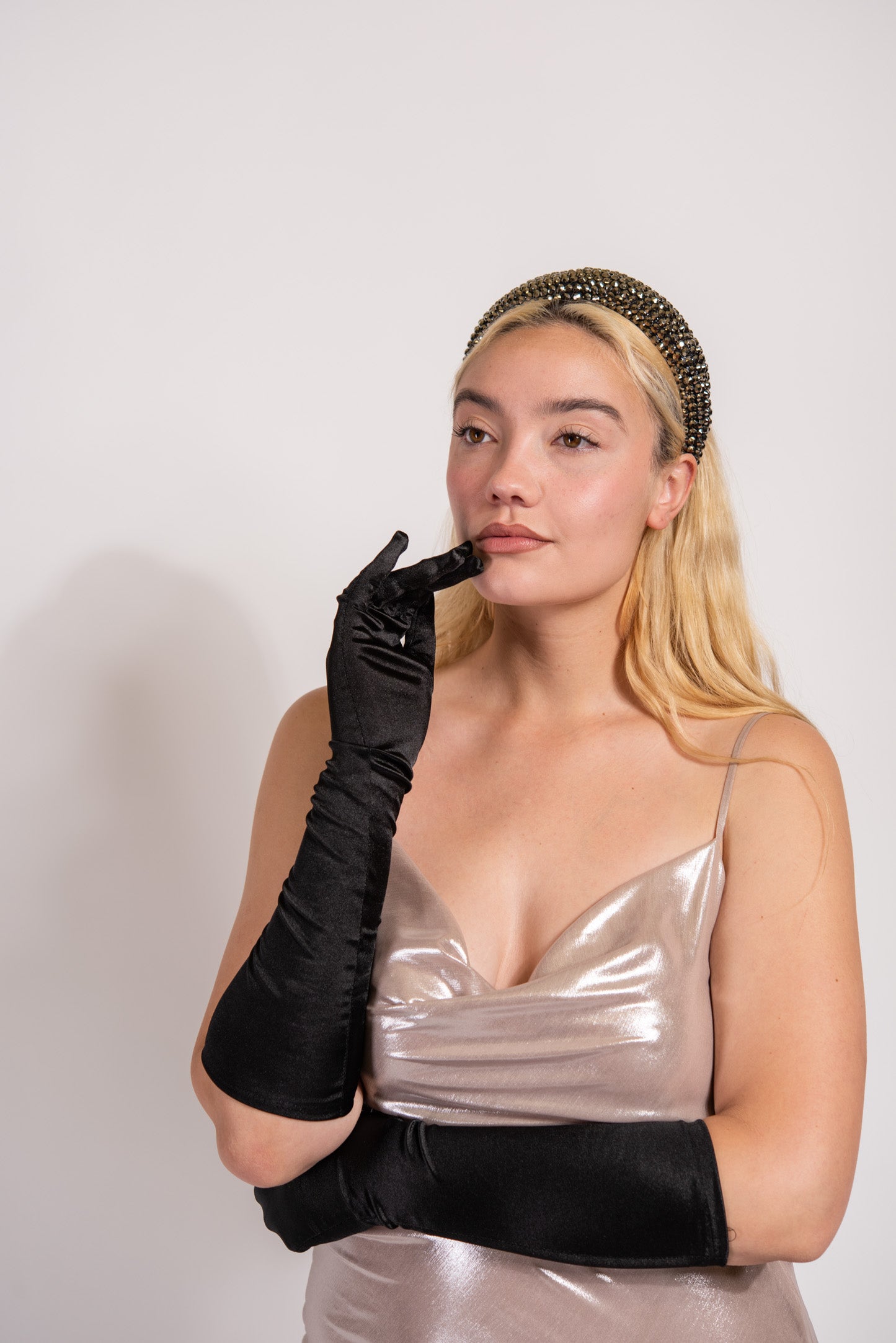 Genevieve Elbow Length Satin Gloves - Ivory