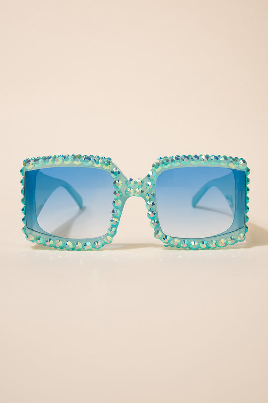 Azura Sparkly Rhinestone Crystal Rectangle Sunglasses | Aqua