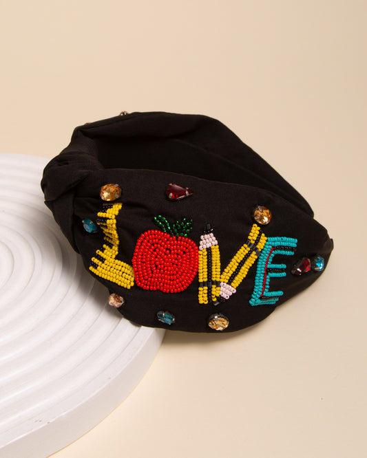 Brooke "LOVE" Teacher Appreciation Beaded Top Knotted Headband | Black