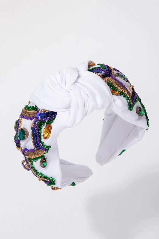 Juliette Mardi Gras Tricolor Sequin Top Knotted Headband | White