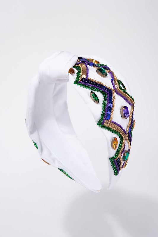 Juliette Mardi Gras Tricolor Sequin Top Knotted Headband | White