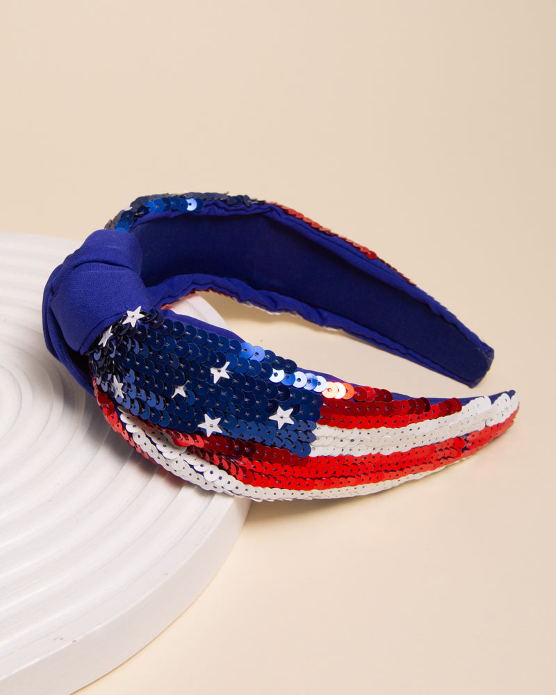 Gwen Patriotic USA Flag Sequin Embellished Top Knotted Headband