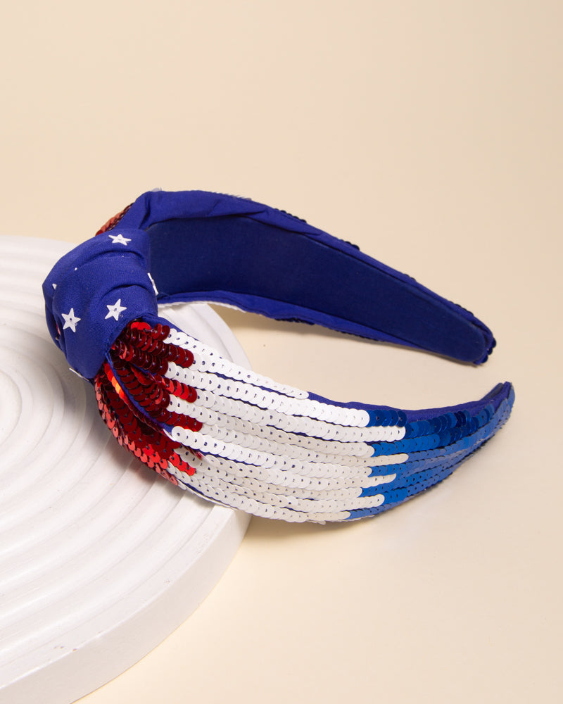 Grace Patriotic USA Flag Sequin Embellished Top Knotted Headband