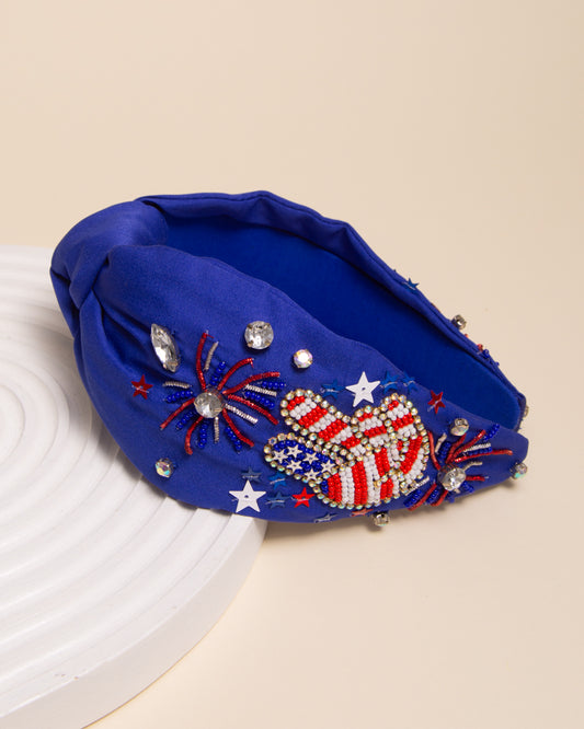 Natalie Firework Rhinestone Pave Beaded Embroidery Knotted Headband | Blue