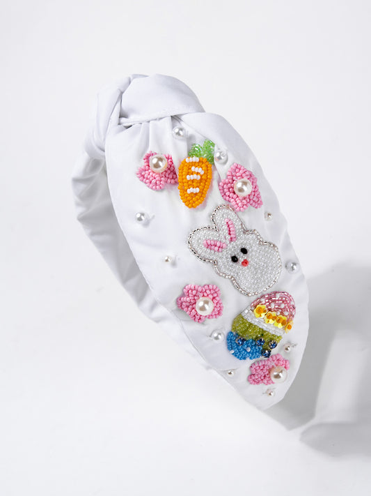 Harper Floral Easter Bunny Beaded Top Knotted Headband | White