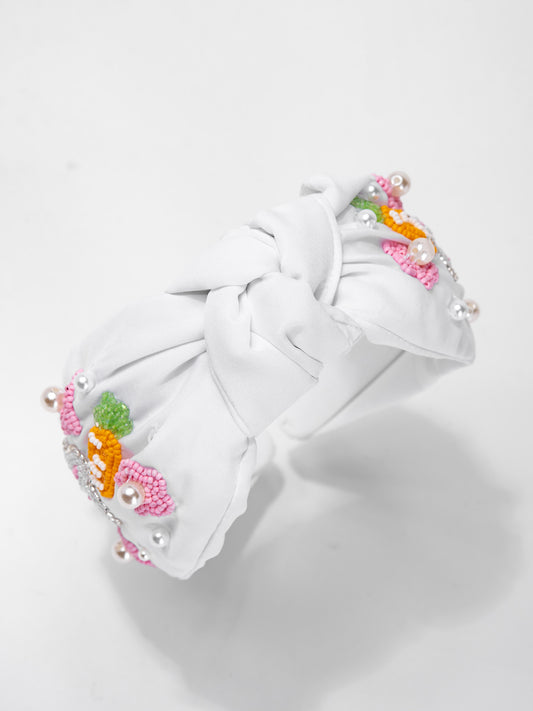 Harper Floral Easter Bunny Beaded Top Knotted Headband | White