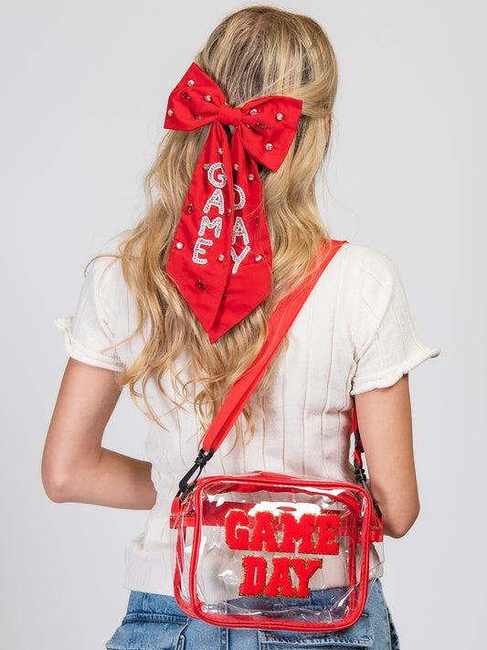 Elizabeth Game Day Gemstone Bow Barrette Hair Clip | Red & White
