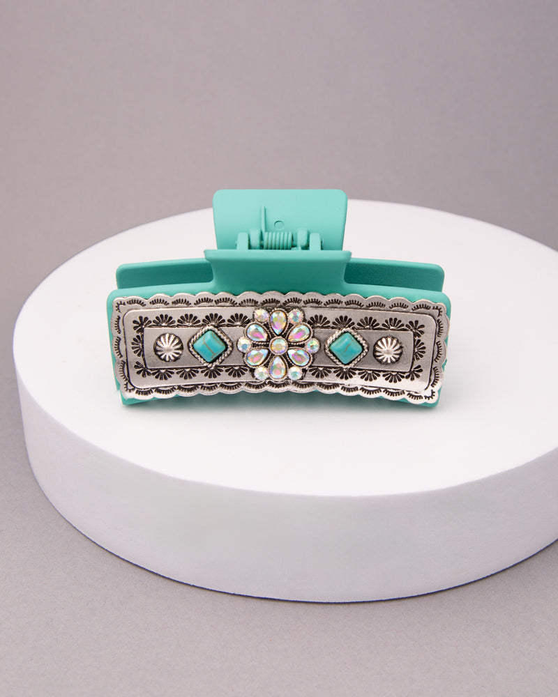 Alison Western Decorative Jeweled Hair Claw Clip in Metal Finish