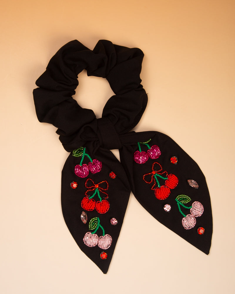 Elouise Beaded Cherry Bow Hair Tie Scrunchie | Black