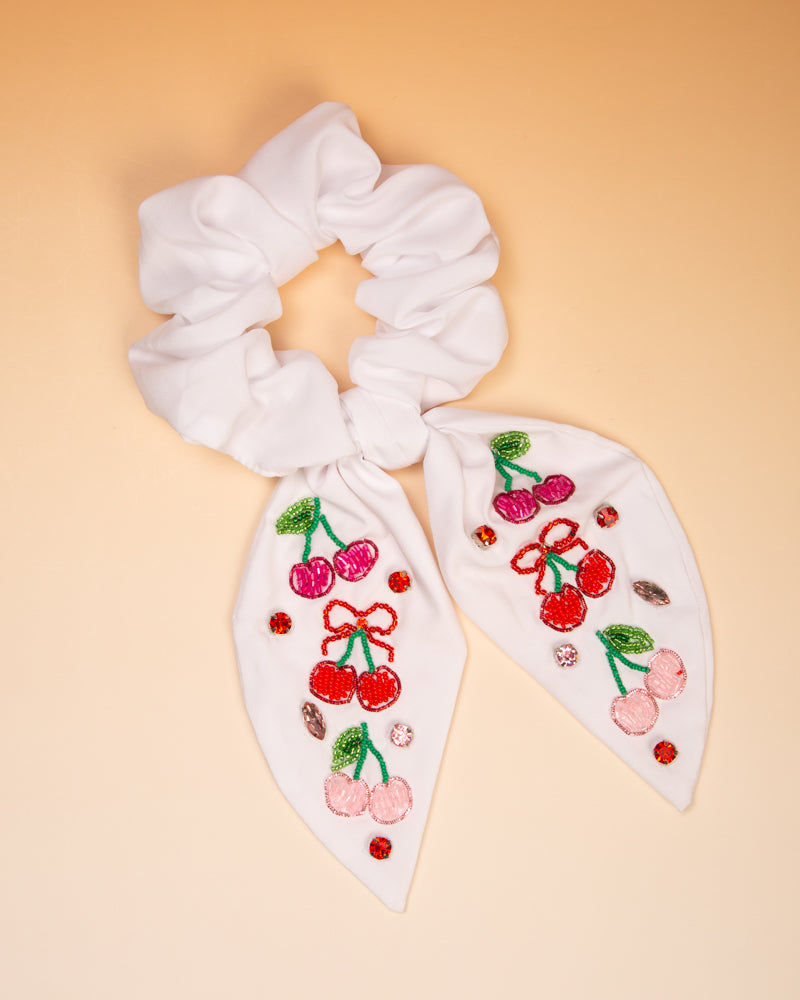 Elouise Beaded Cherry Bow Hair Tie Scrunchie
