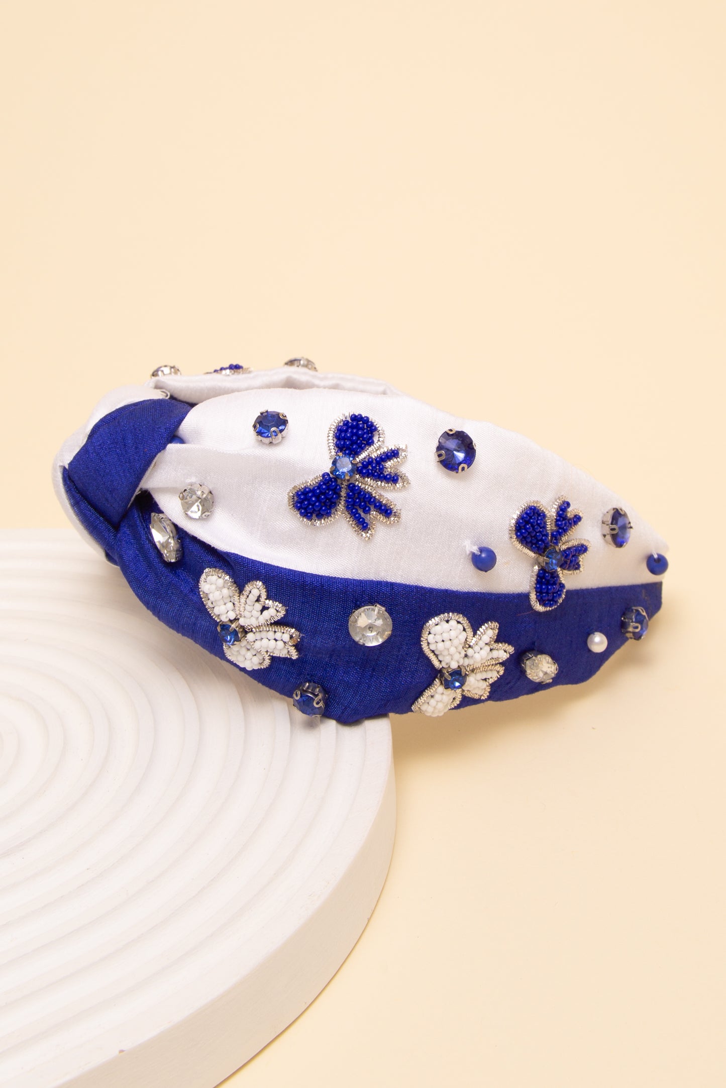 Claudia Game Day Bow Crystal Seed Beaded Top Knotted Fabric Headband