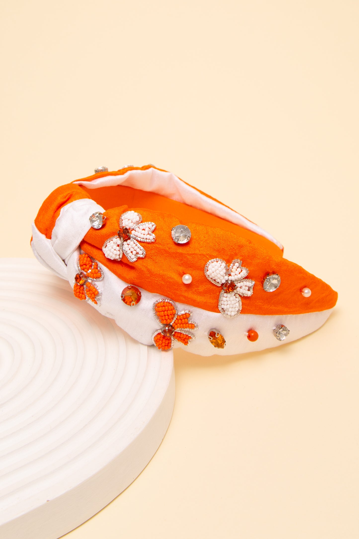 Claudia Game Day Bow Crystal Seed Beaded Top Knotted Fabric Headband