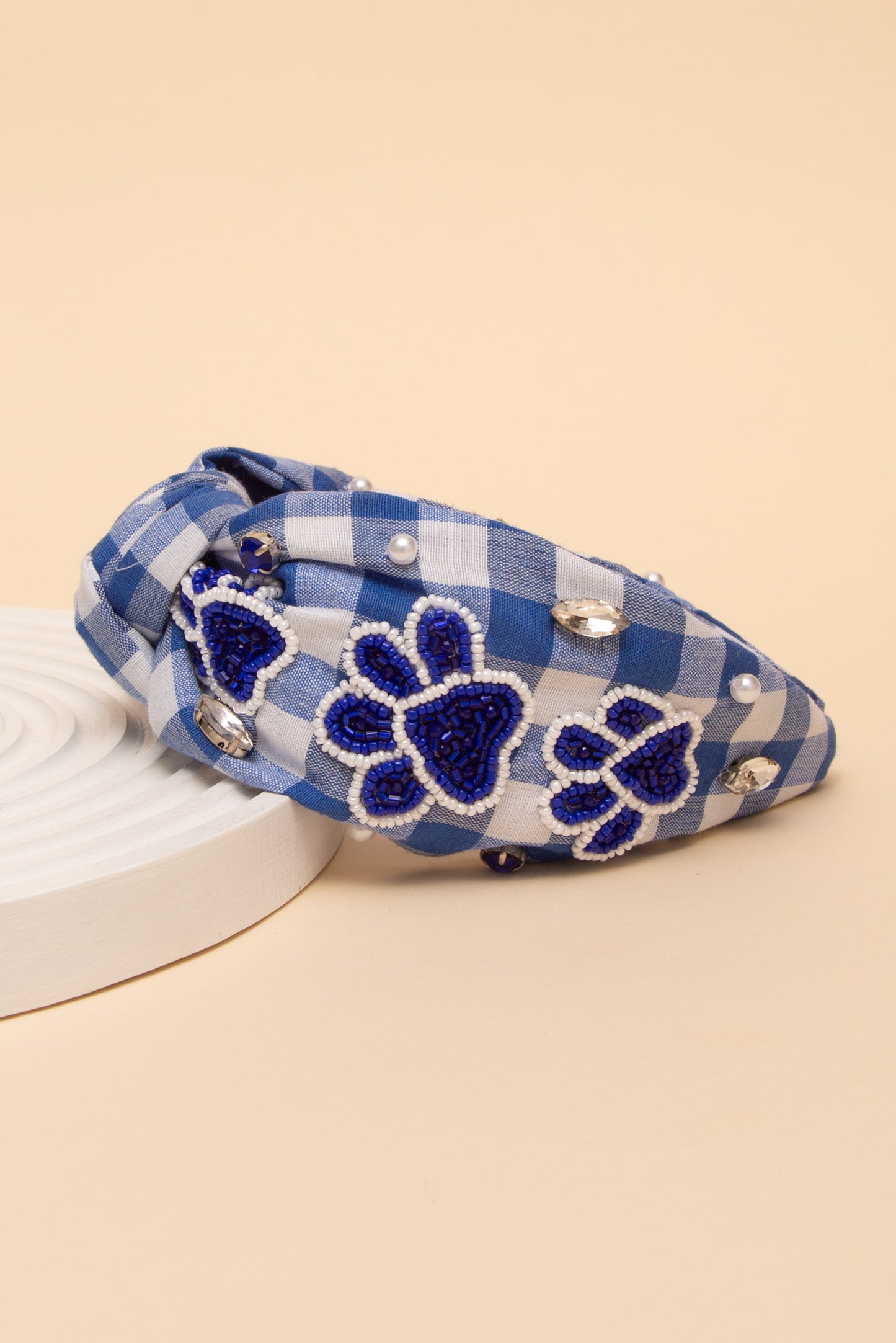 Ava Gameday Paw Top Knotted Gingham Style Headband | Blue White