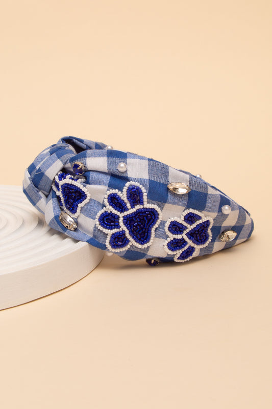 Ava Gameday Paw Top Knotted Gingham Style Headband | Blue White