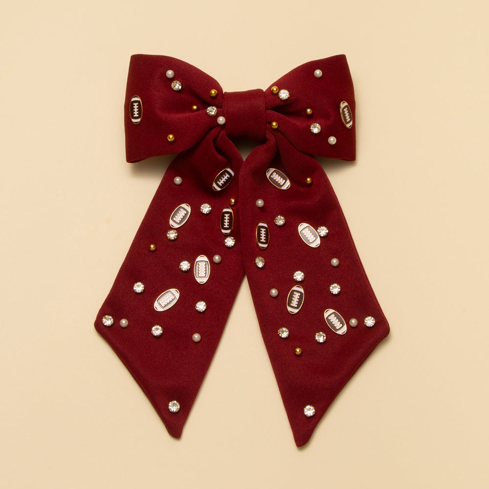 Hailey Football Charm Crystal Pearl Embellished Bow Barrette | Burgundy