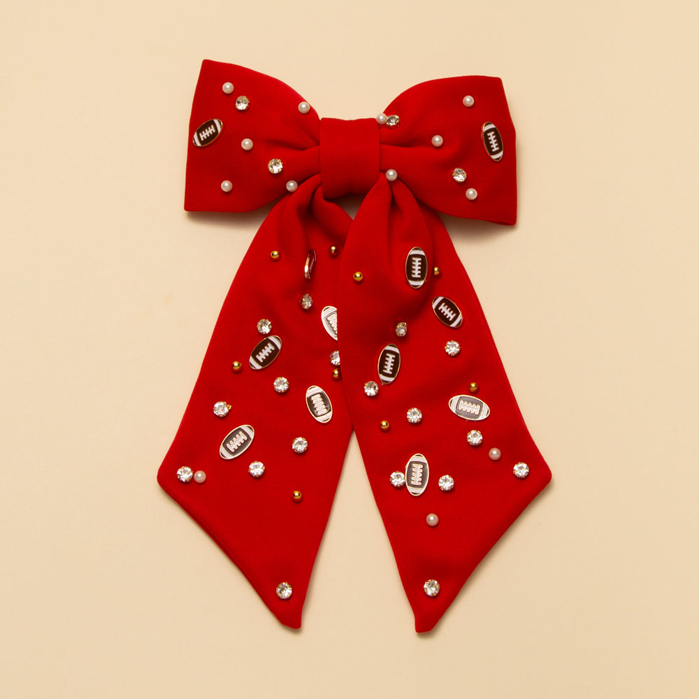 Hailey Football Charm Crystal Pearl Embellished Bow Barrette | Red