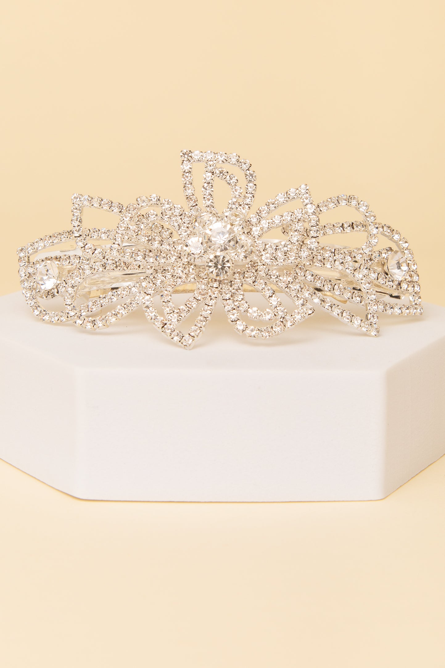 Melanie Vintage Floral Diamante Appliqué Rhinestone Barrette | Silver