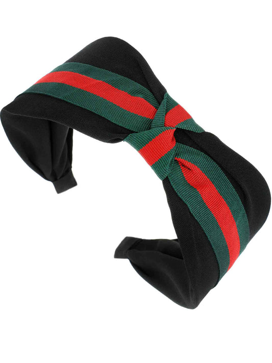 Raelynn Knotted Bow w/ Green & Red Stripe Headband | Black
