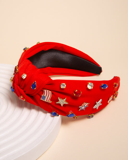 Susan Enamel Charm Crystal Embellished Top Knotted Headband | Red