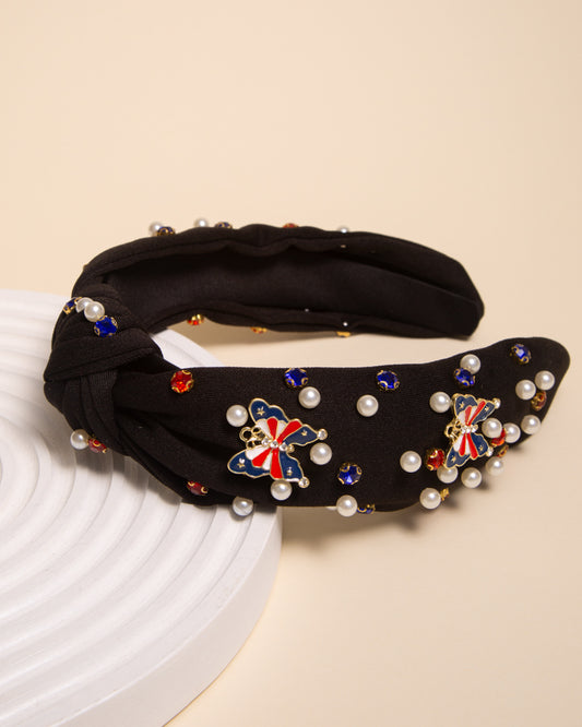 Annabelle American Flag Enamel Charm Crystal Embellished Headband | Black