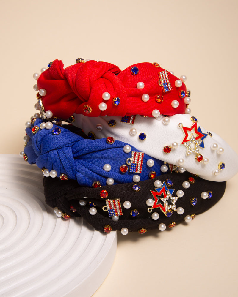 Veronica American Flag Rhinestone Pave Charm Crystal Pearl Headband