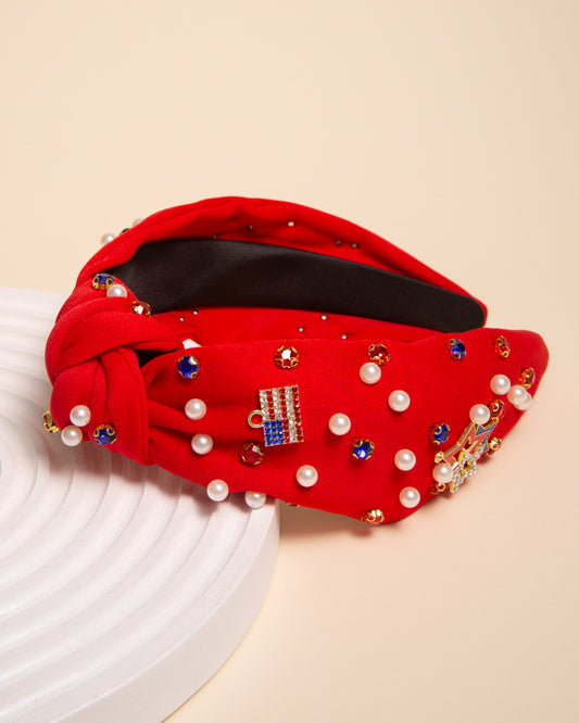 Veronica American Flag Rhinestone Pave Charm Crystal Pearl Headband | Red