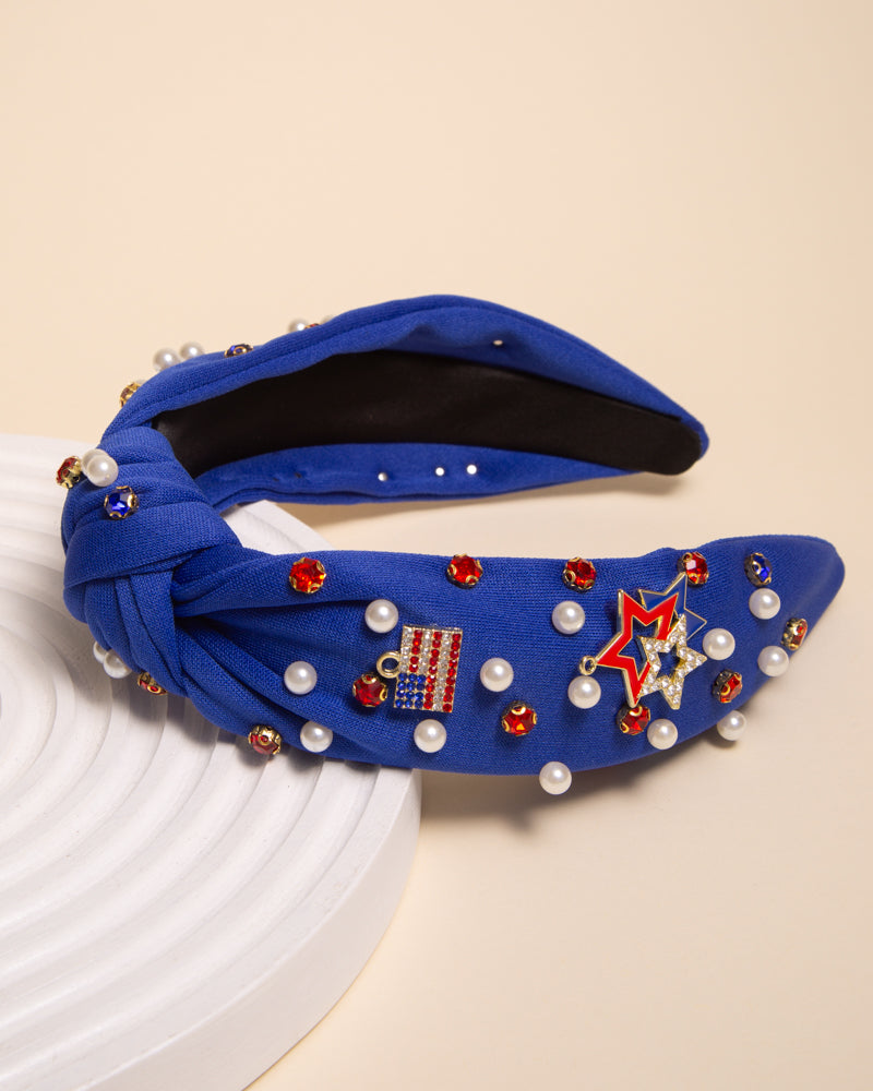 Veronica American Flag Rhinestone Pave Charm Crystal Pearl Headband | Blue
