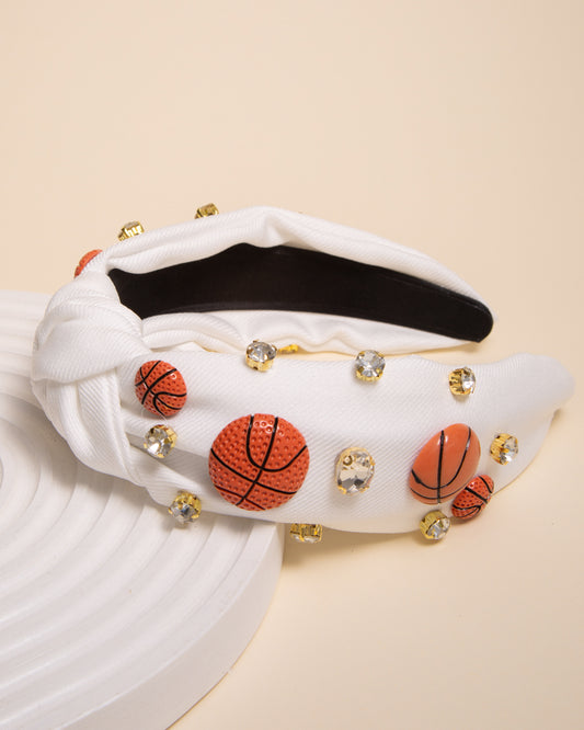 Betsy Gameday Basketball Charm Crystal Embellished Headband | White