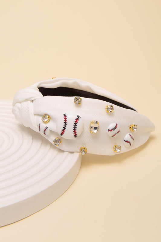 Aurora Baseball Jeweled Rhinestone Top Knot Headband | White