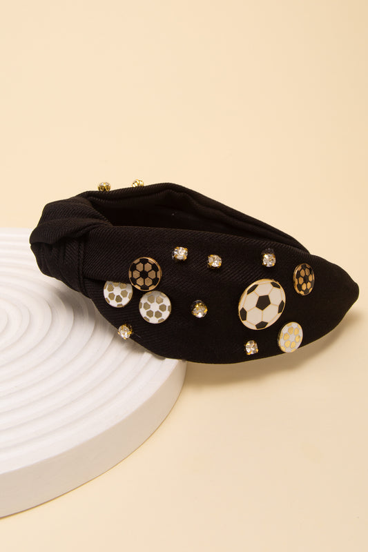 Eliana Hand-Beaded Rhinestone Soccer Jeweled Knot Headband | Black