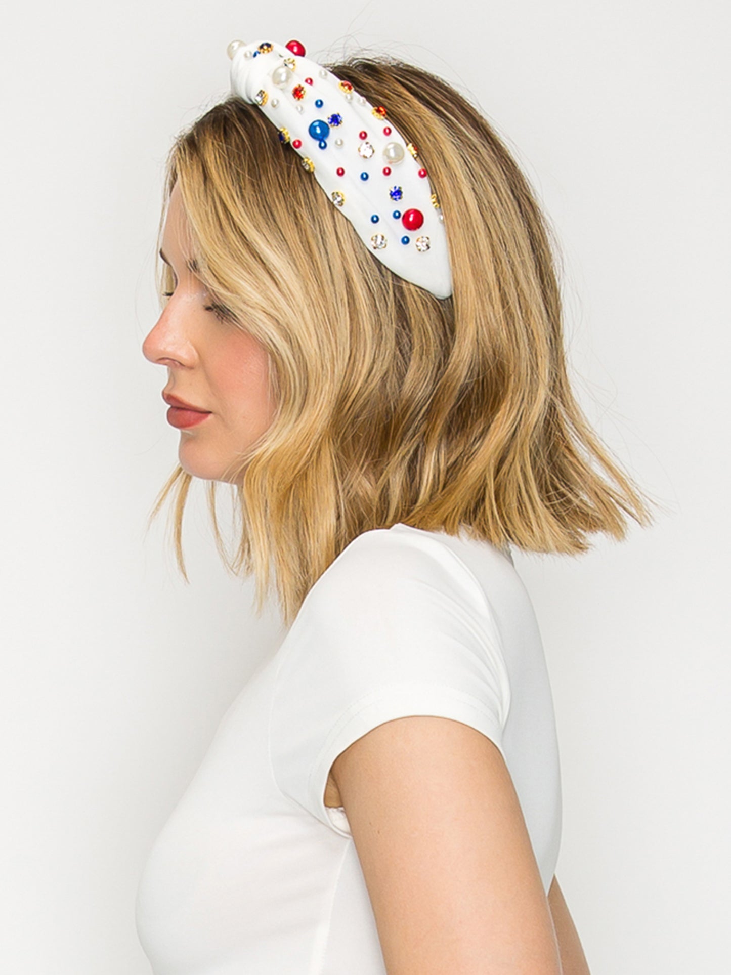 Daisy American Flag Color Theme Crystal Pearl Beaded Headband